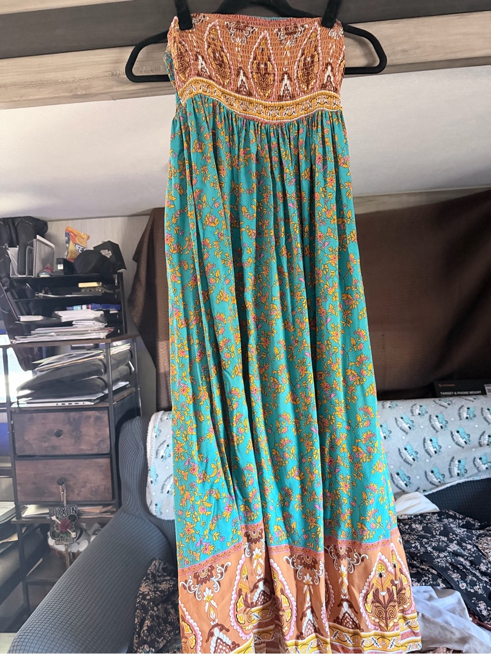 Smocked Bohemian strapless Maxi Dress in Teal and Brown
